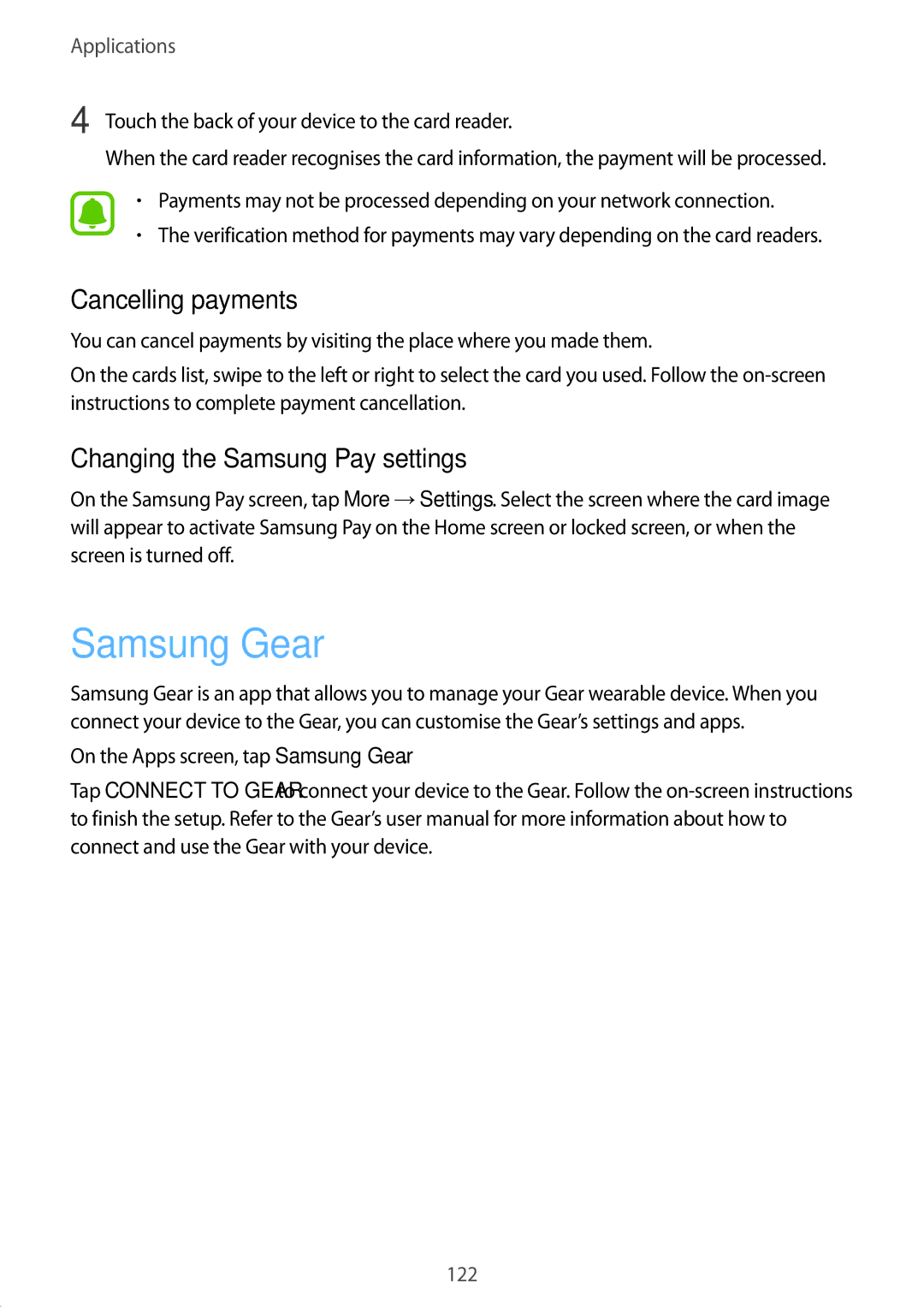 Samsung SM-G935FZKAEUR, SM-G935FEDADBT, SM-G935FZKZDBT Samsung Gear, Cancelling payments, Changing the Samsung Pay settings 