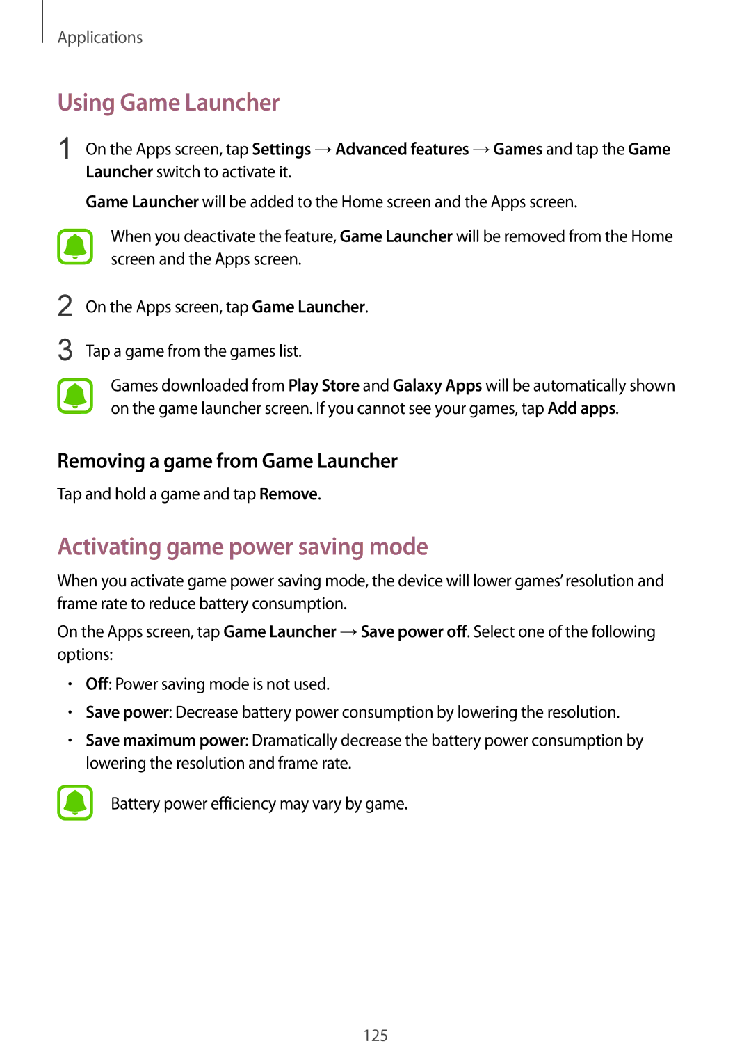 Samsung SM-G935FZSAILO manual Using Game Launcher, Activating game power saving mode, Removing a game from Game Launcher 