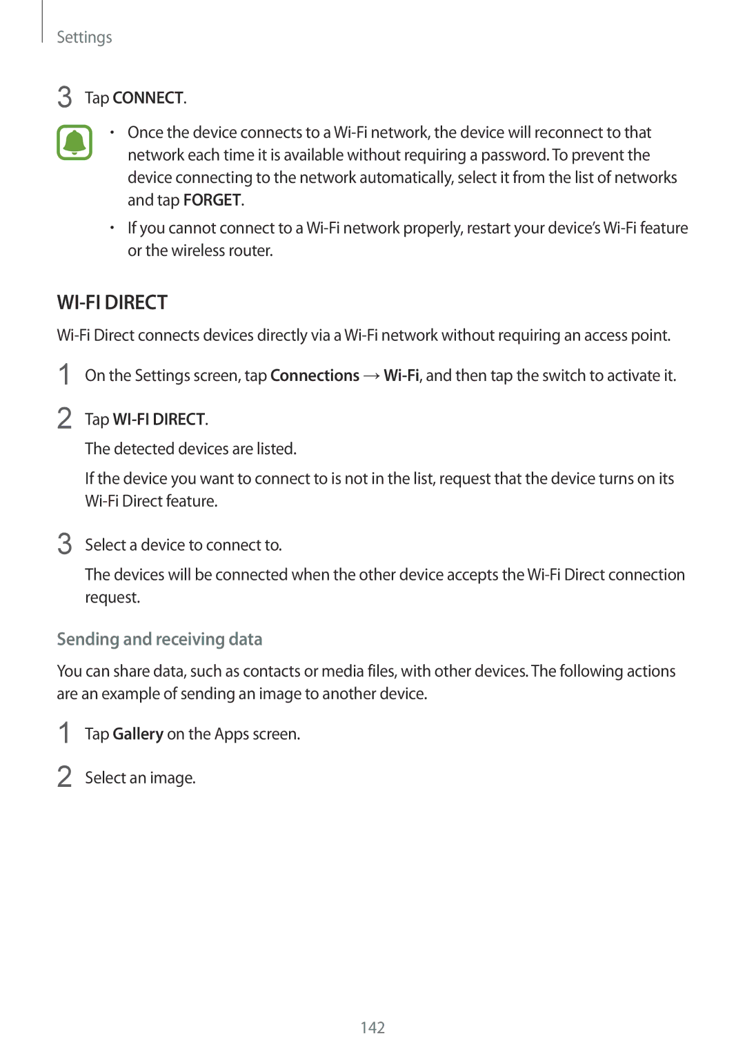 Samsung SM-G935FZWAXEF, SM-G935FEDADBT, SM-G935FZKZDBT manual Sending and receiving data, Tap Connect, Tap WI-FI Direct 