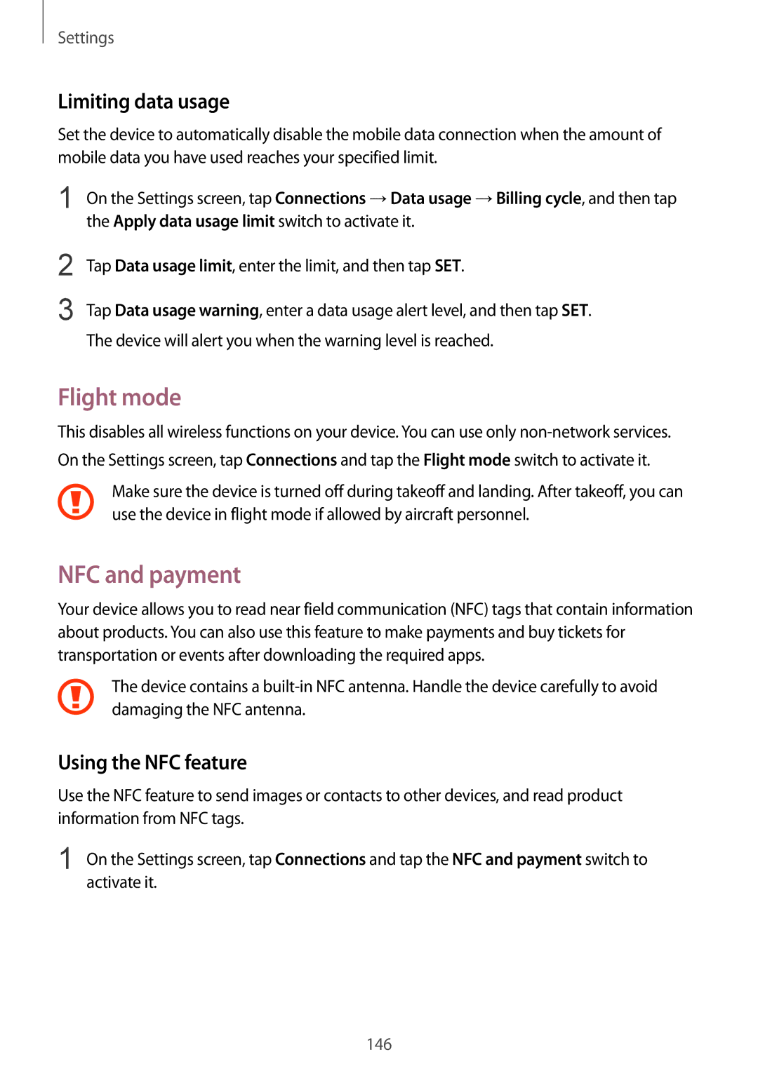 Samsung SM-G935FEDAITV, SM-G935FEDADBT manual Flight mode, NFC and payment, Limiting data usage, Using the NFC feature 