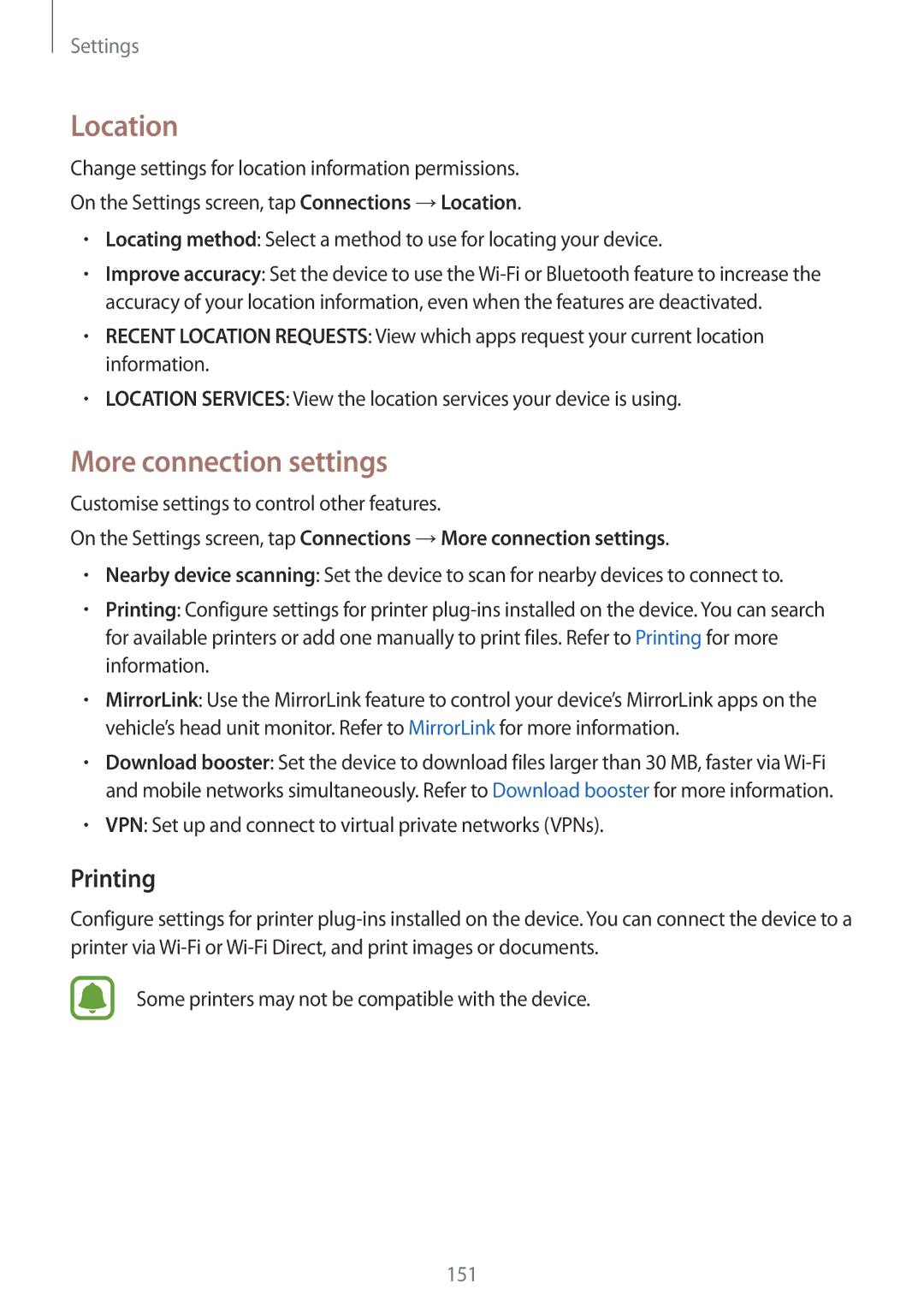 Samsung SM-G935FZKAPHE manual Location, More connection settings, Printing, Customise settings to control other features 