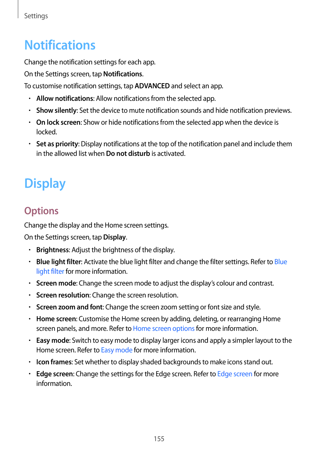 Samsung SM-G935FEDUKSA, SM-G935FEDADBT, SM-G935FZKZDBT, SM-G935FZSADBT, SM-G935FZKADBT manual Notifications, Display, Options 