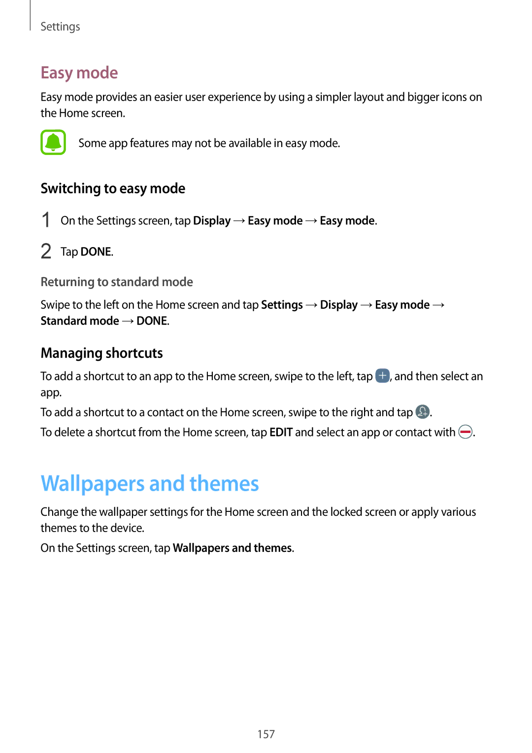 Samsung SM-G935FZSAKSA, SM-G935FEDADBT manual Wallpapers and themes, Easy mode, Switching to easy mode, Managing shortcuts 