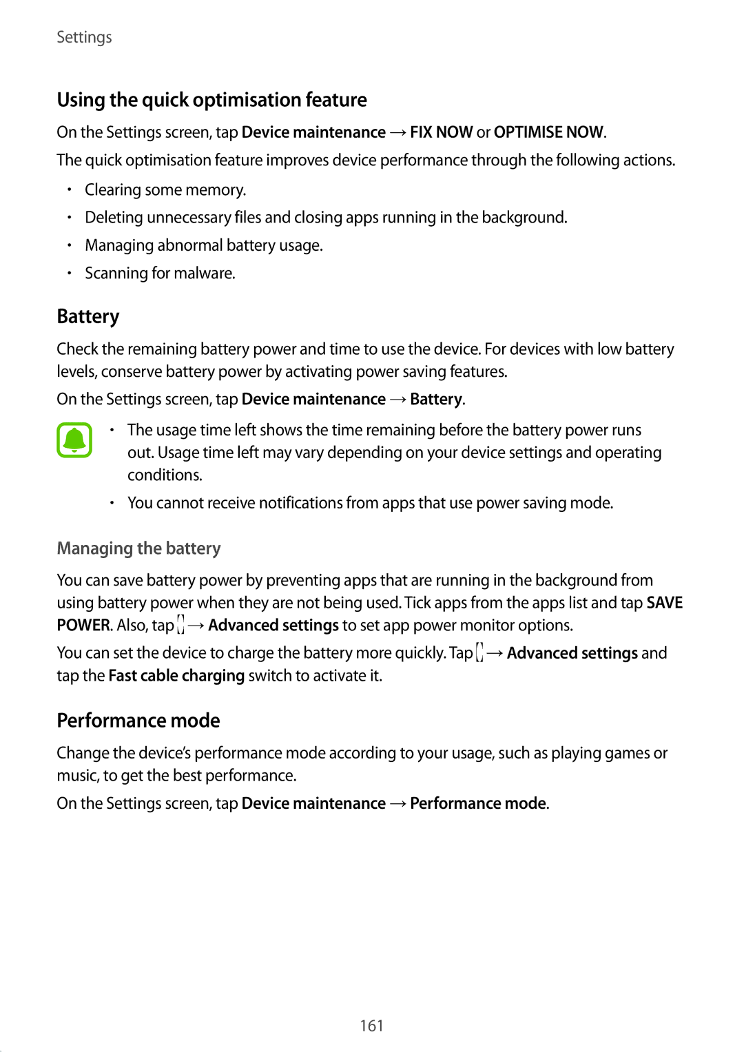 Samsung SM-G935FTKDKSA manual Using the quick optimisation feature, Battery, Performance mode, Managing the battery 