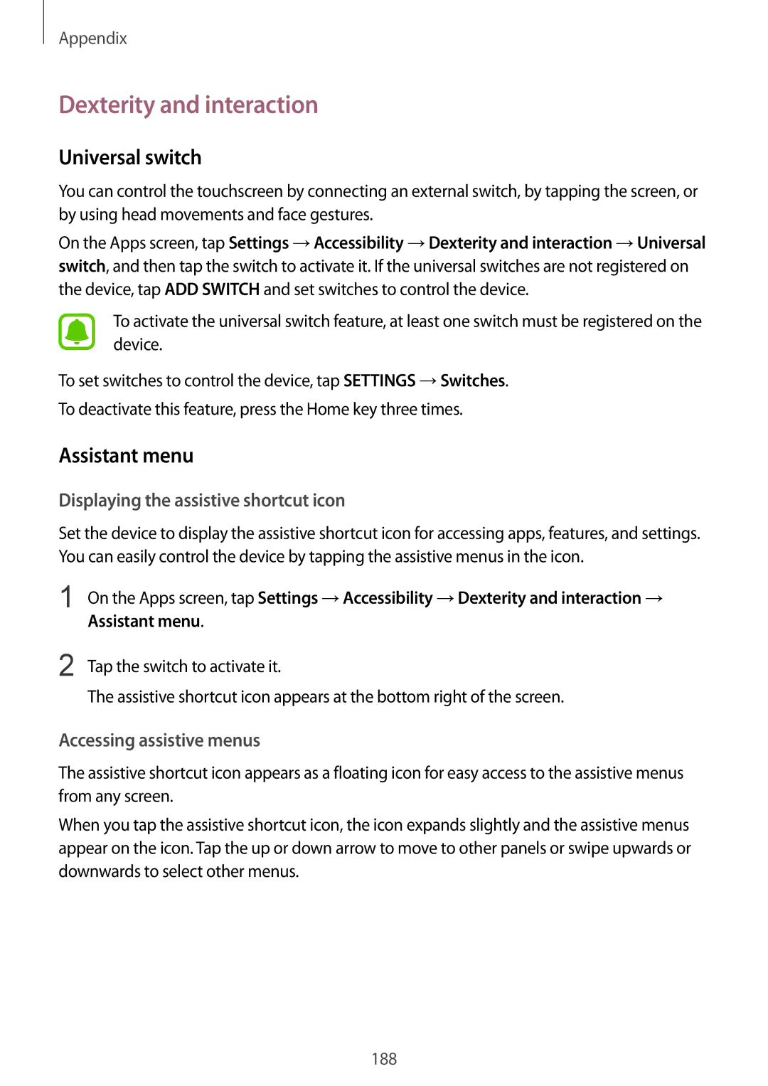 Samsung SM-G935FZKAEUR Dexterity and interaction, Universal switch, Assistant menu, Displaying the assistive shortcut icon 