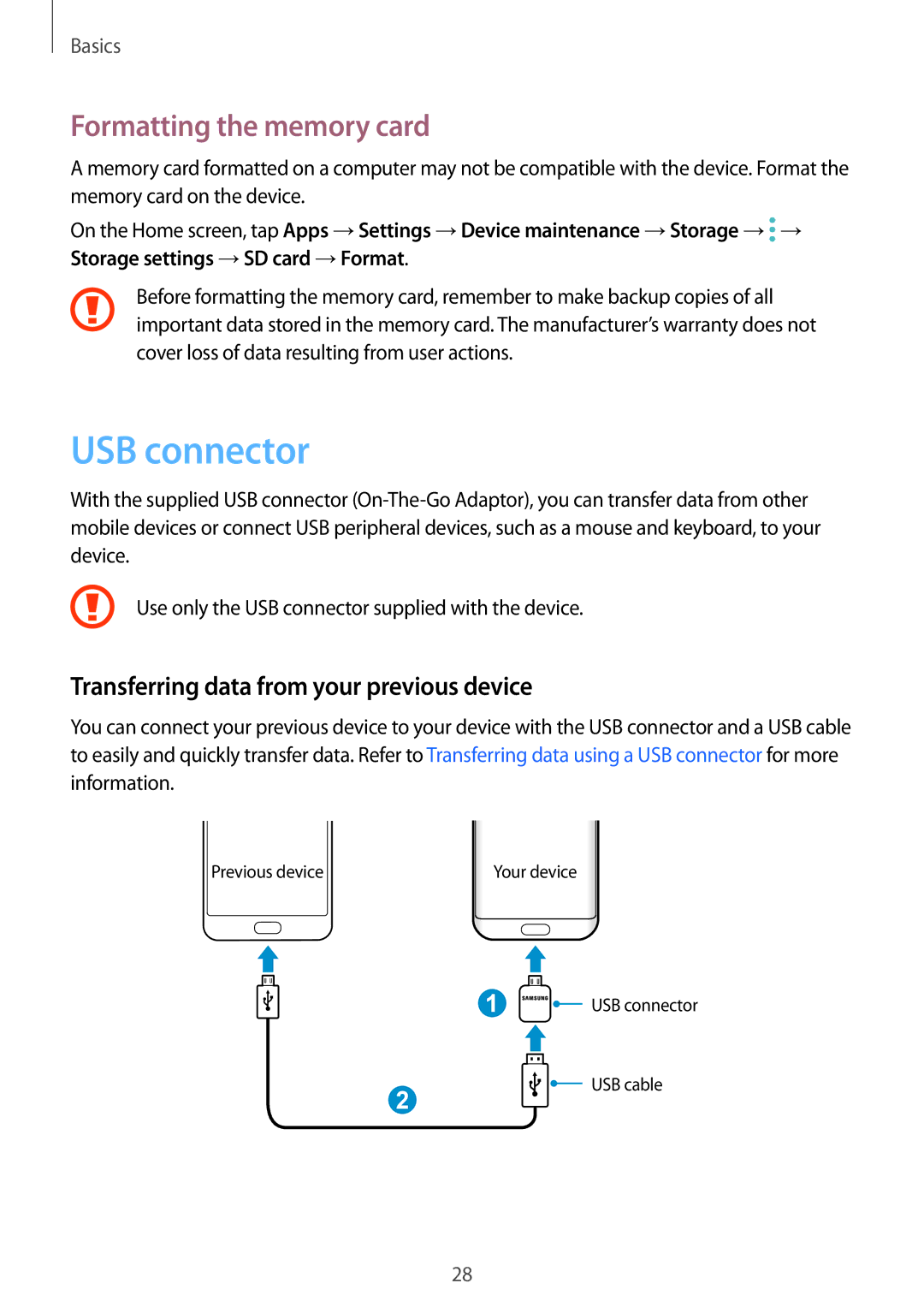 Samsung SM-G935FZKUKSA manual USB connector, Formatting the memory card, Transferring data from your previous device 