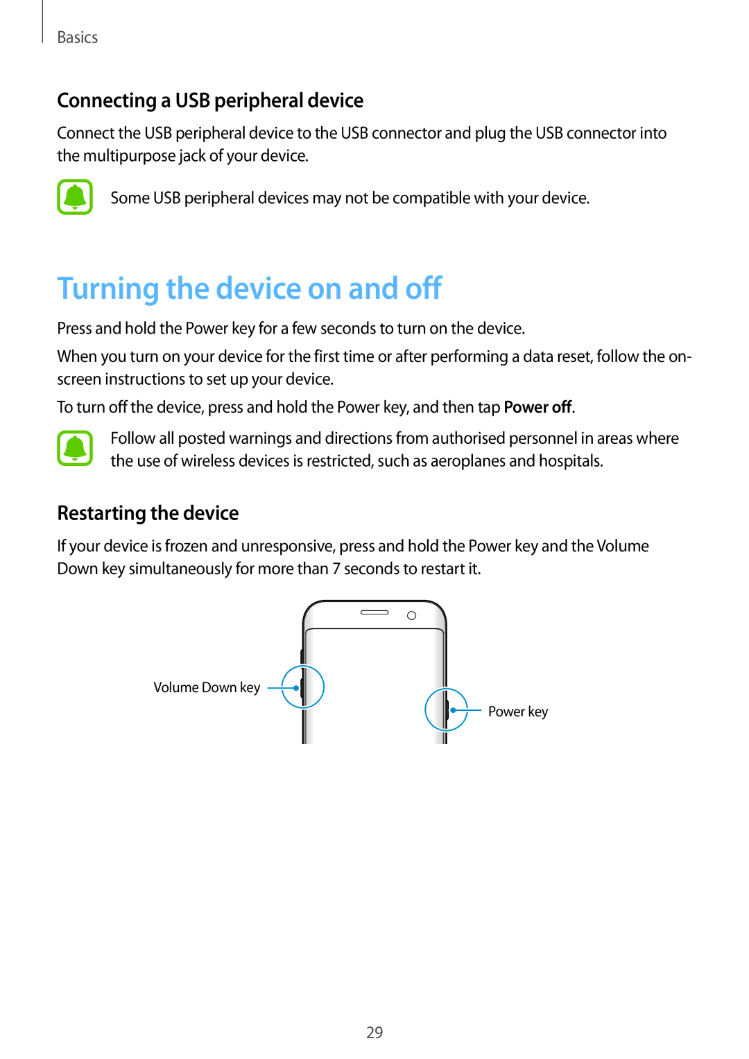 Samsung SM-G935FTKDKSA manual Turning the device on and off, Connecting a USB peripheral device, Restarting the device 