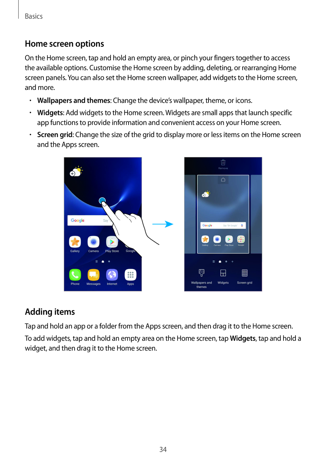 Samsung SM-G935FZDUXXV, SM-G935FEDADBT, SM-G935FZKZDBT, SM-G935FZSADBT, SM-G935FZKADBT manual Home screen options, Adding items 