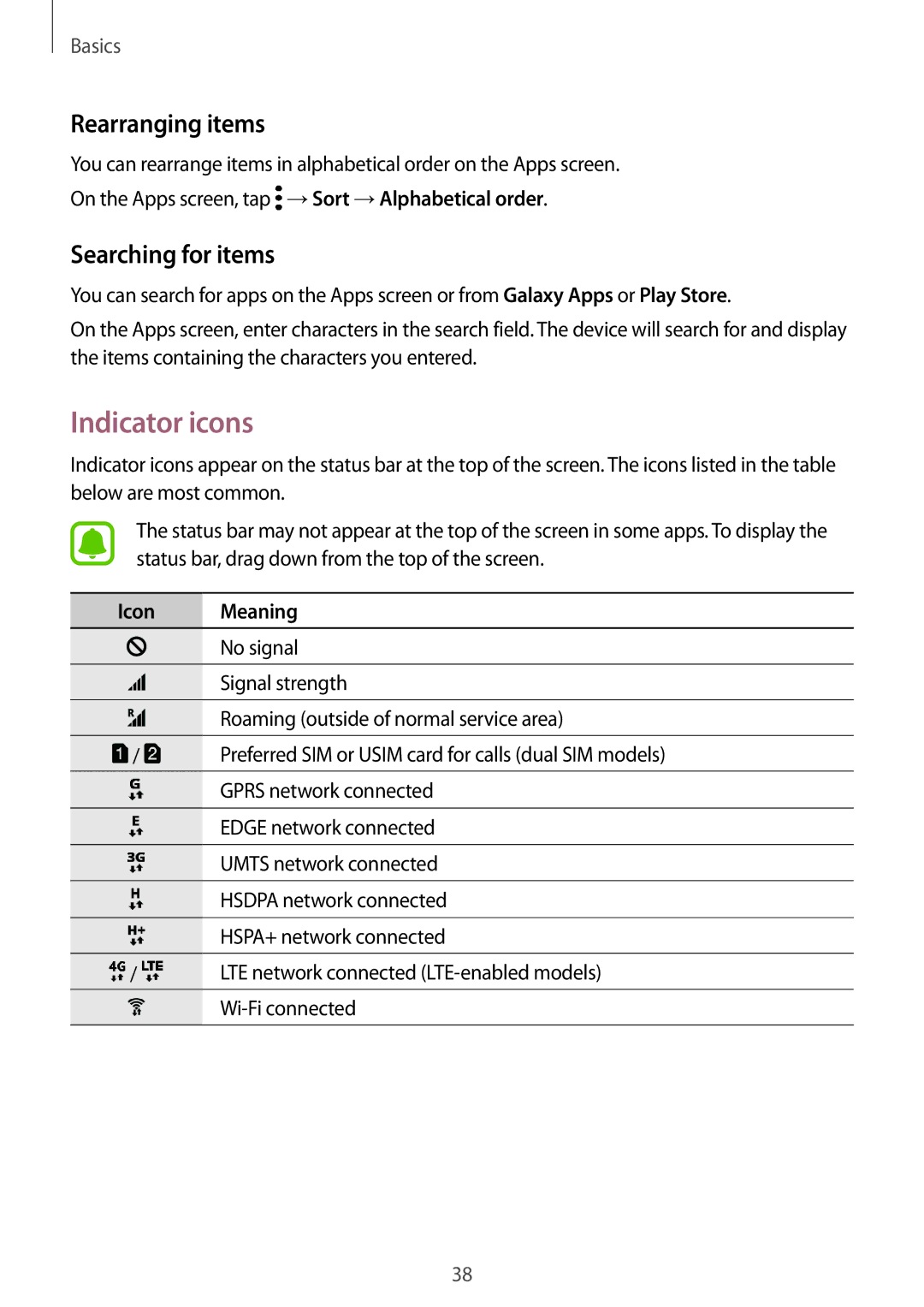 Samsung SM-G935FZKATWO manual Indicator icons, Rearranging items, Searching for items, Icon Meaning, Wi-Fi connected 