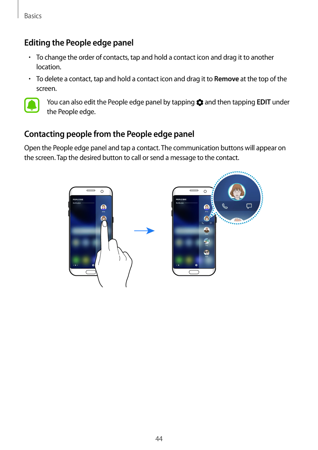 Samsung SM-G935FZDATWO, SM-G935FEDADBT manual Editing the People edge panel, Contacting people from the People edge panel 