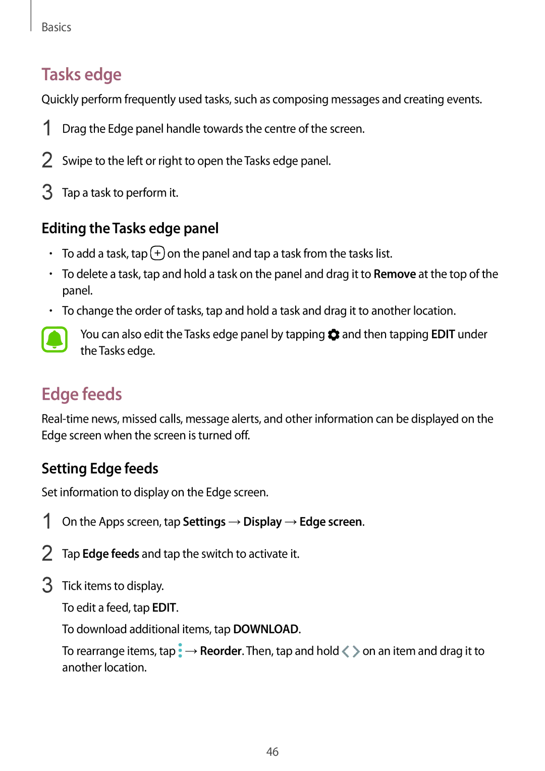 Samsung SM-G935FZBASEE, SM-G935FEDADBT, SM-G935FZKZDBT manual Editing the Tasks edge panel, Setting Edge feeds 