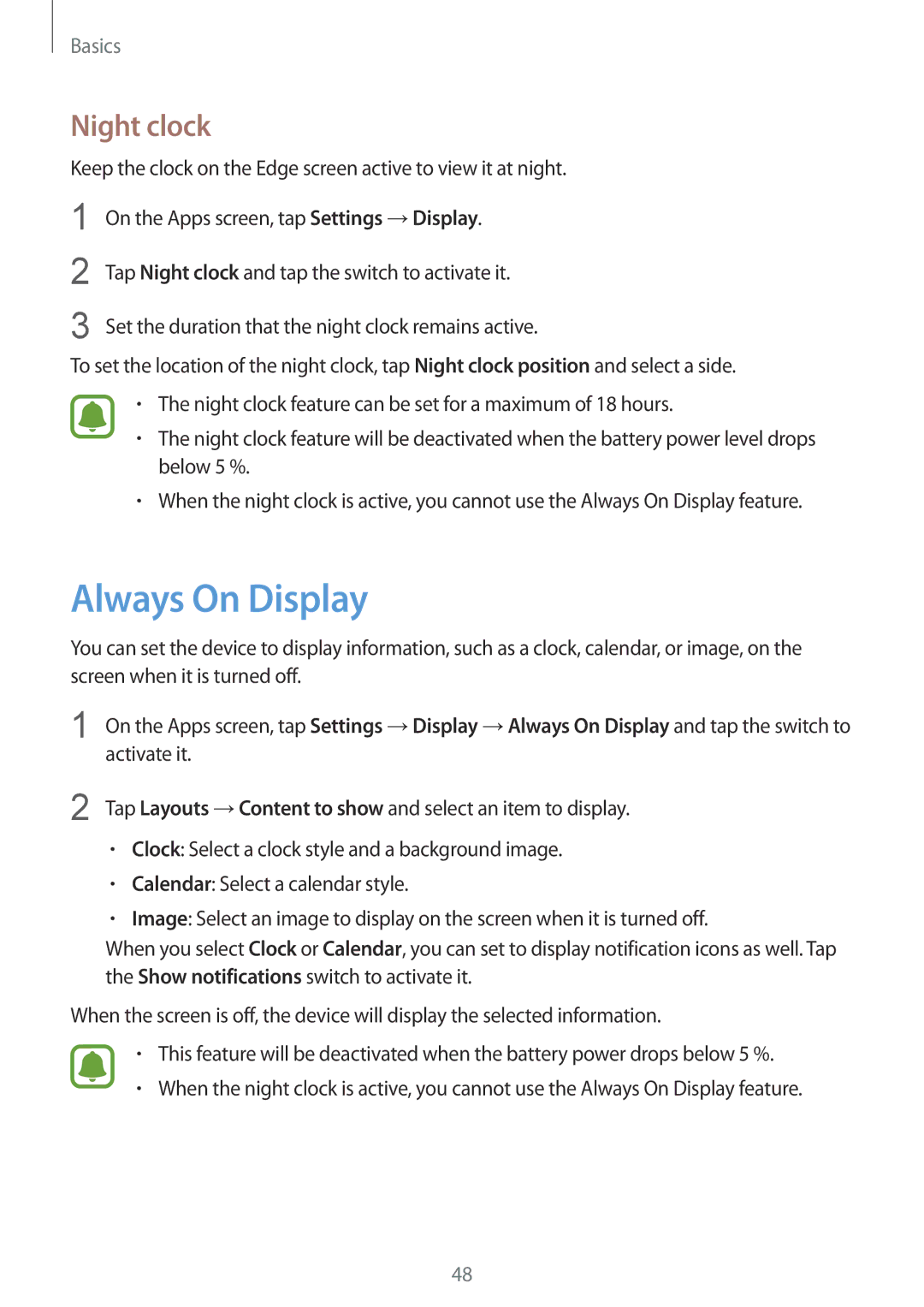 Samsung SM-G935FZBAETL, SM-G935FEDADBT, SM-G935FZKZDBT, SM-G935FZSADBT, SM-G935FZKADBT manual Always On Display, Night clock 