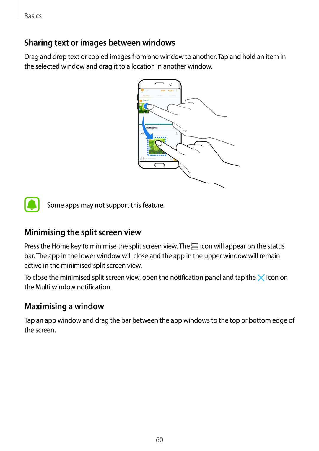 Samsung SM-G935FZDAXEH manual Sharing text or images between windows, Minimising the split screen view, Maximising a window 