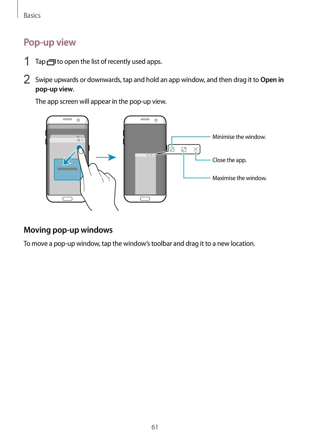 Samsung SM-G935FEDUSER, SM-G935FEDADBT manual Pop-up view, Moving pop-up windows, App screen will appear in the pop-up view 