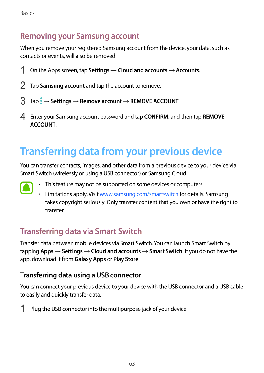 Samsung SM-G935FZDUSER, SM-G935FEDADBT manual Transferring data from your previous device, Removing your Samsung account 