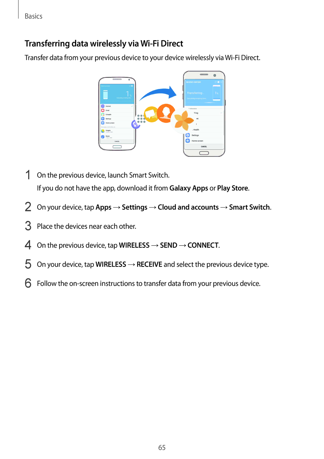 Samsung SM-G935FZSUSER Transferring data wirelessly via Wi-Fi Direct, On the previous device, tap Wireless →SEND →CONNECT 