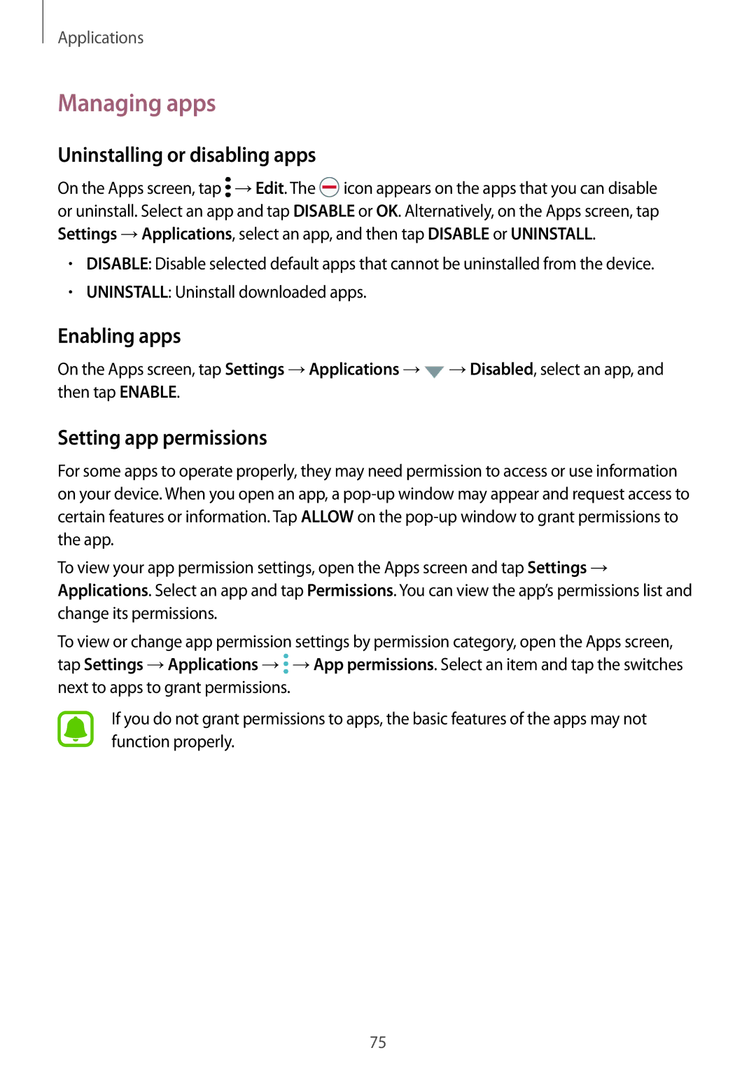 Samsung SM-G935FZBAXEF manual Managing apps, Uninstalling or disabling apps, Enabling apps, Setting app permissions 