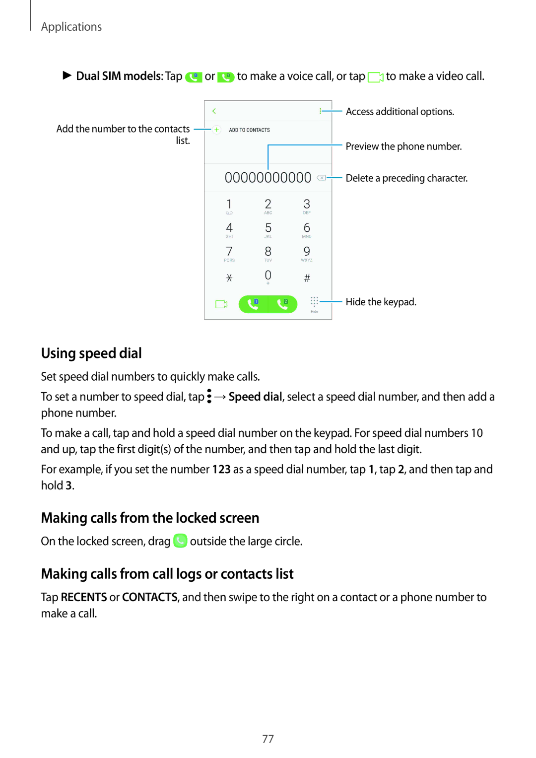 Samsung SM-G935FZKAXEF Using speed dial, Making calls from the locked screen, Making calls from call logs or contacts list 