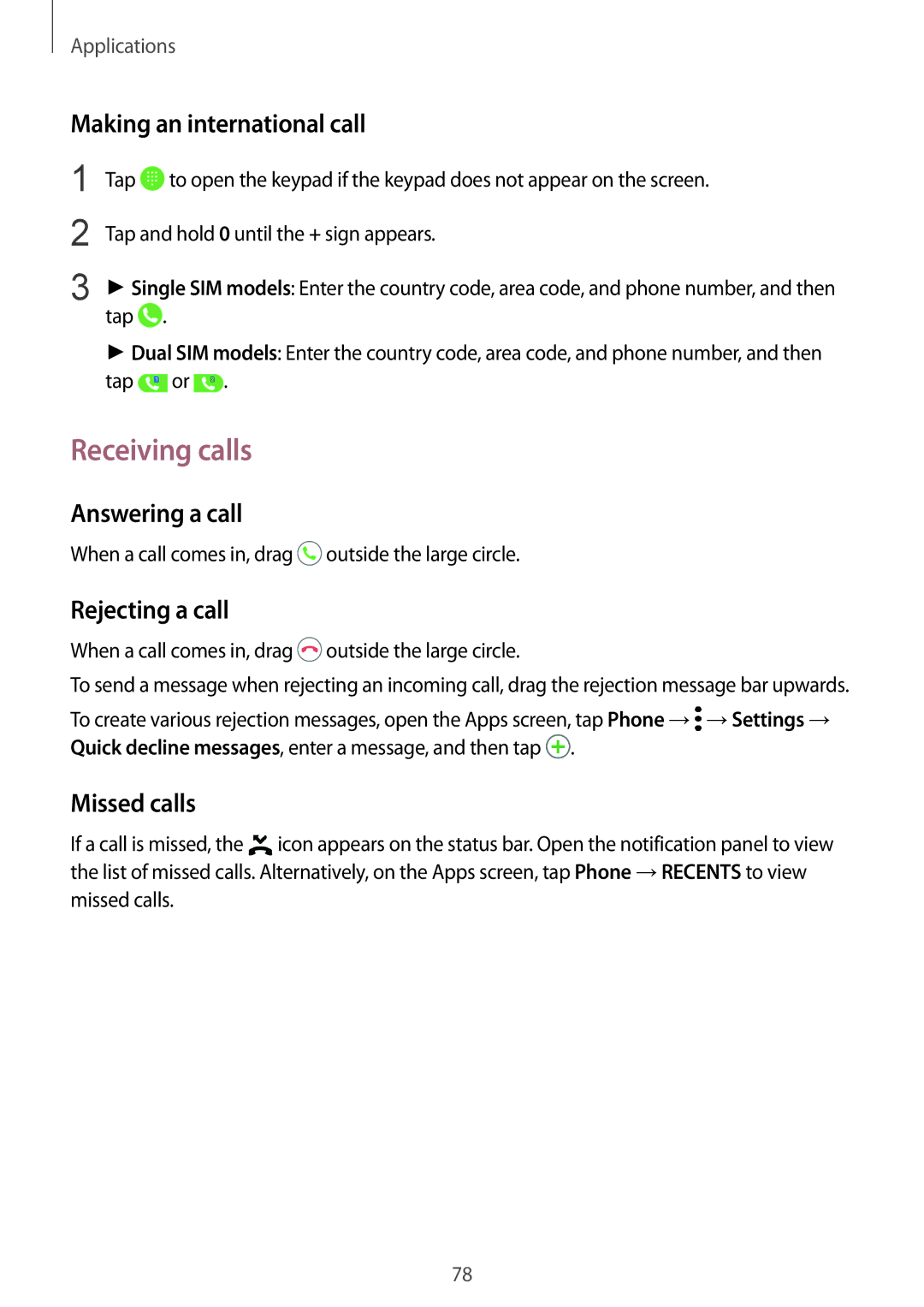Samsung SM-G935FZSAITV Receiving calls, Making an international call, Answering a call, Rejecting a call, Missed calls 