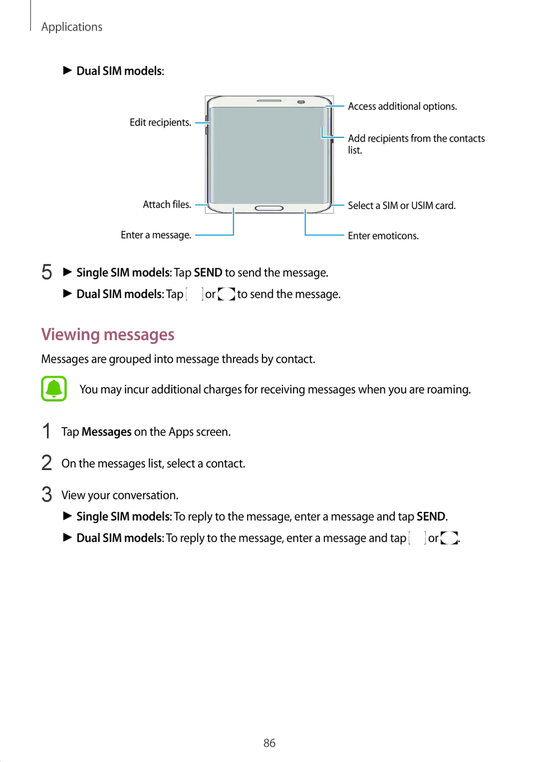 Samsung SM-G935FEDAPHE, SM-G935FEDADBT, SM-G935FZKZDBT, SM-G935FZSADBT, SM-G935FZKADBT manual Viewing messages, Dual SIM models 