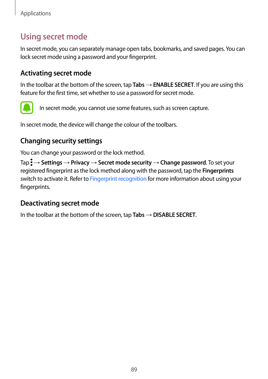Samsung SM-G935FEDUKSA Using secret mode, Activating secret mode, Changing security settings, Deactivating secret mode 