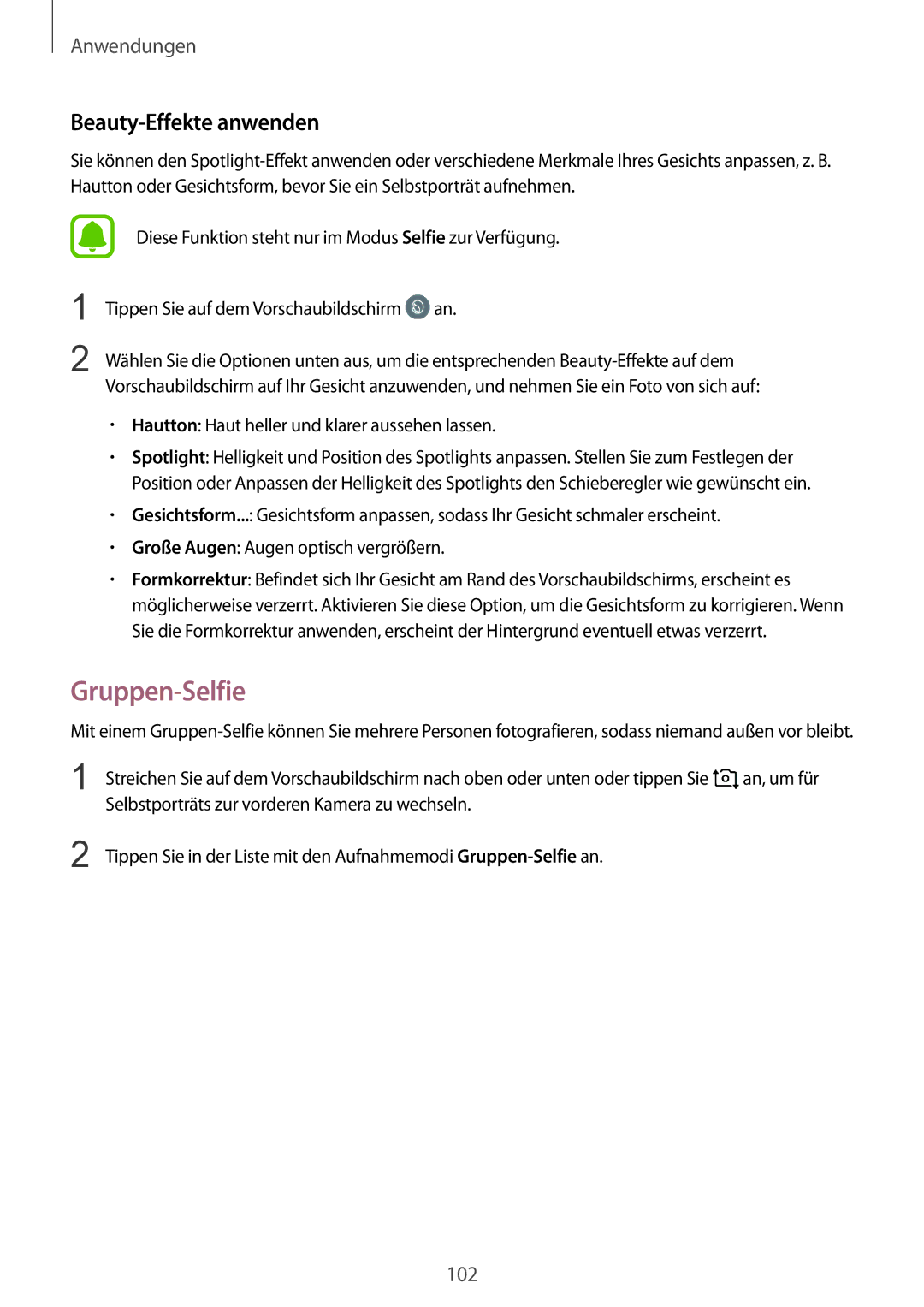 Samsung SM-G935FEDADBT, SM-G935FZKZDBT, SM-G935FZSADBT, SM-G935FZKADBT manual Gruppen-Selfie, Beauty-Effekte anwenden 