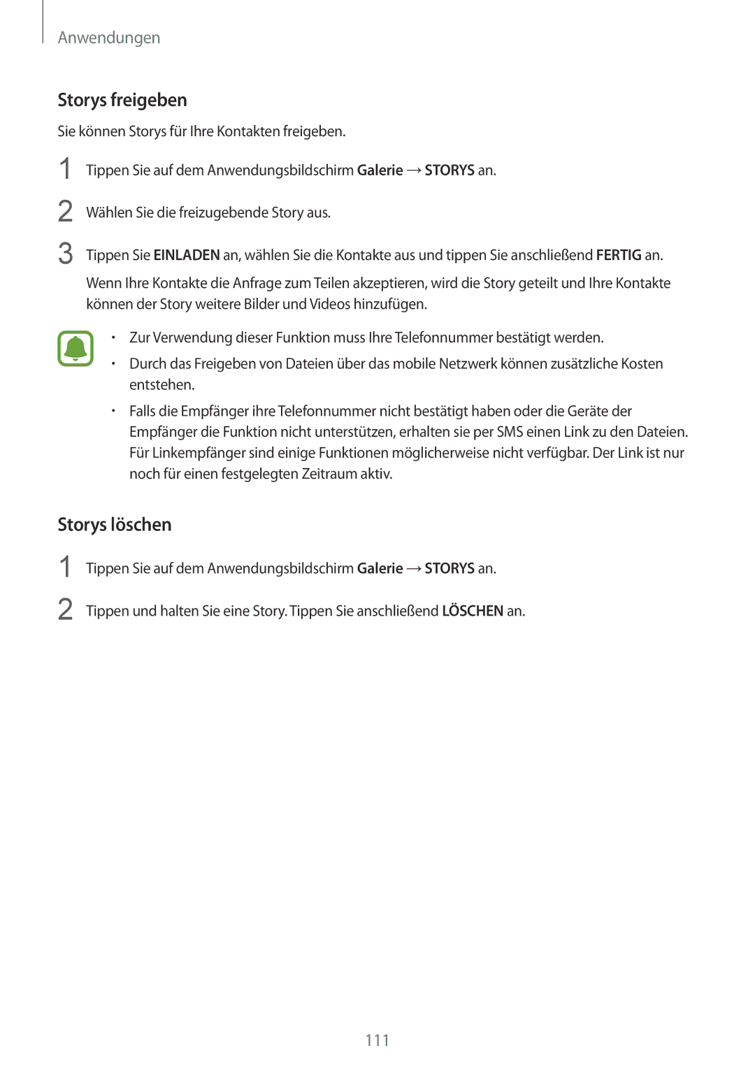 Samsung SM-G935FZKADBT, SM-G935FEDADBT, SM-G935FZKZDBT, SM-G935FZSADBT, SM-G935FZWADBT manual Storys freigeben, Storys löschen 