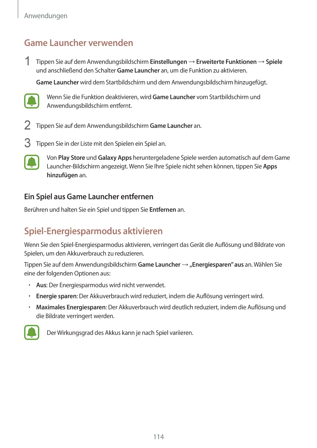 Samsung SM-G935FEDADBT Game Launcher verwenden, Spiel-Energiesparmodus aktivieren, Ein Spiel aus Game Launcher entfernen 