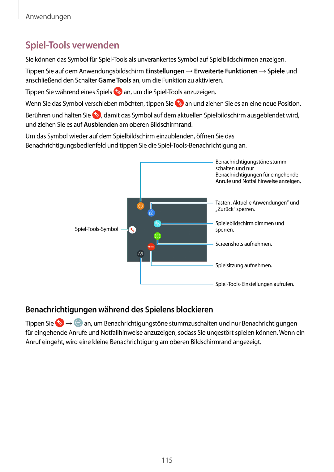 Samsung SM-G935FZKZDBT, SM-G935FEDADBT manual Spiel-Tools verwenden, Benachrichtigungen während des Spielens blockieren 