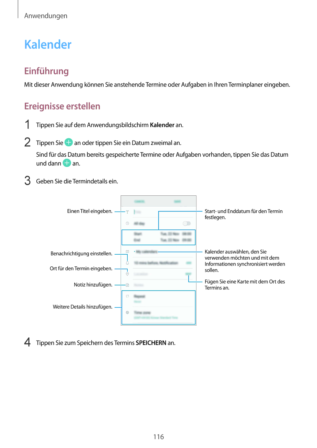 Samsung SM-G935FZSADBT, SM-G935FEDADBT, SM-G935FZKZDBT, SM-G935FZKADBT, SM-G935FZWADBT manual Kalender, Ereignisse erstellen 