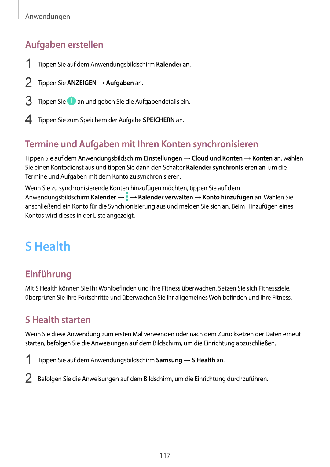 Samsung SM-G935FZKADBT manual Aufgaben erstellen, Termine und Aufgaben mit Ihren Konten synchronisieren, Health starten 