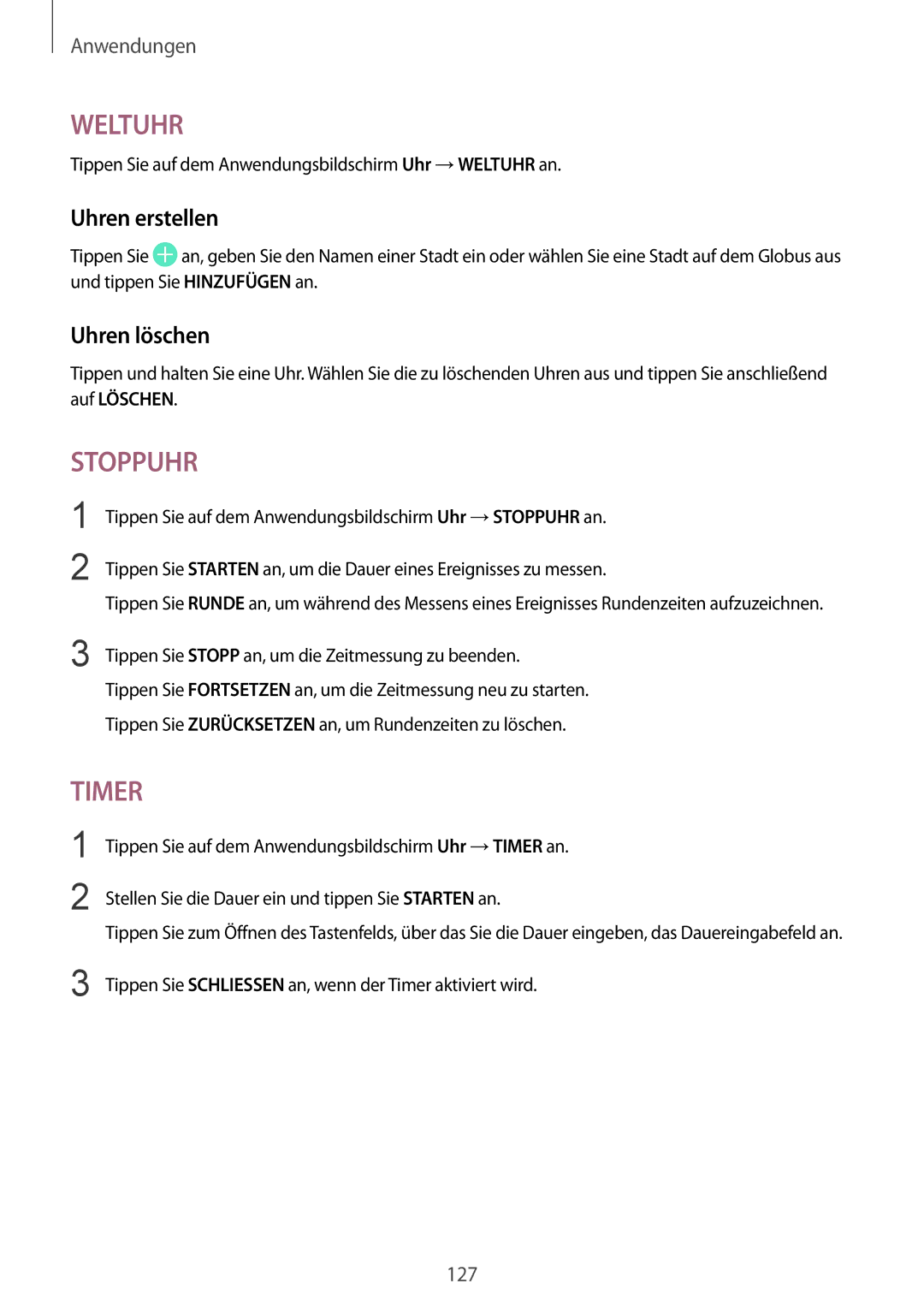 Samsung SM-G935FZKZDBT, SM-G935FEDADBT, SM-G935FZSADBT, SM-G935FZKADBT, SM-G935FZWADBT manual Uhren erstellen, Uhren löschen 