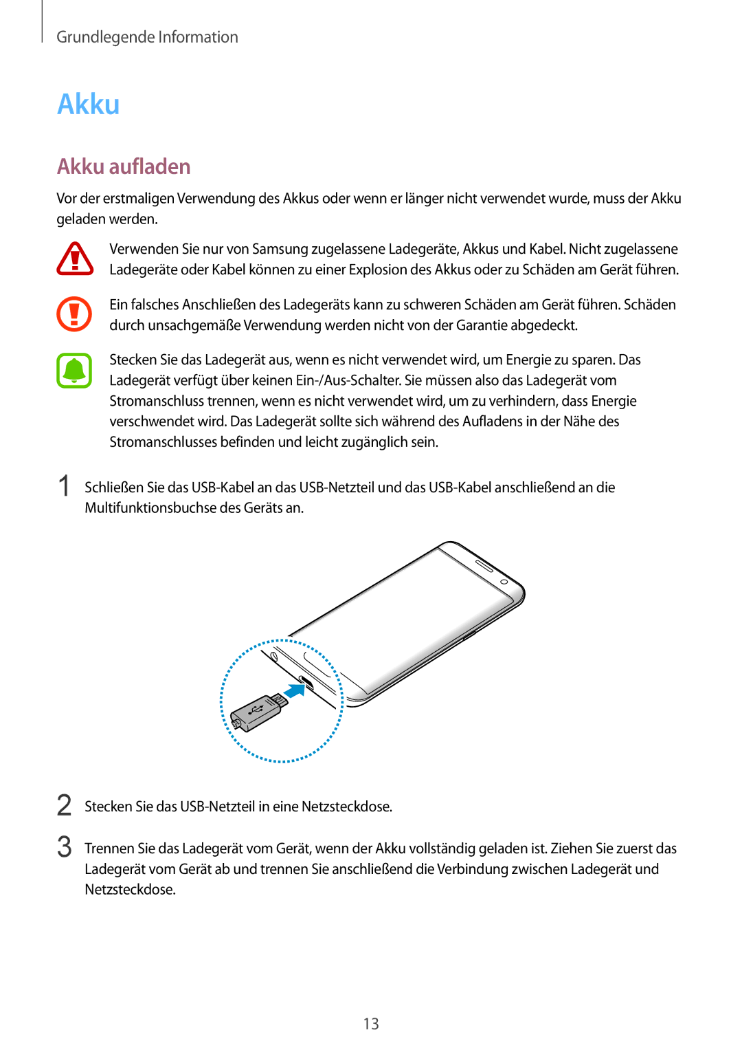 Samsung SM-G935FZKZDBT, SM-G935FEDADBT, SM-G935FZSADBT, SM-G935FZKADBT, SM-G935FZWADBT, SM-G935FZDADBT manual Akku aufladen 