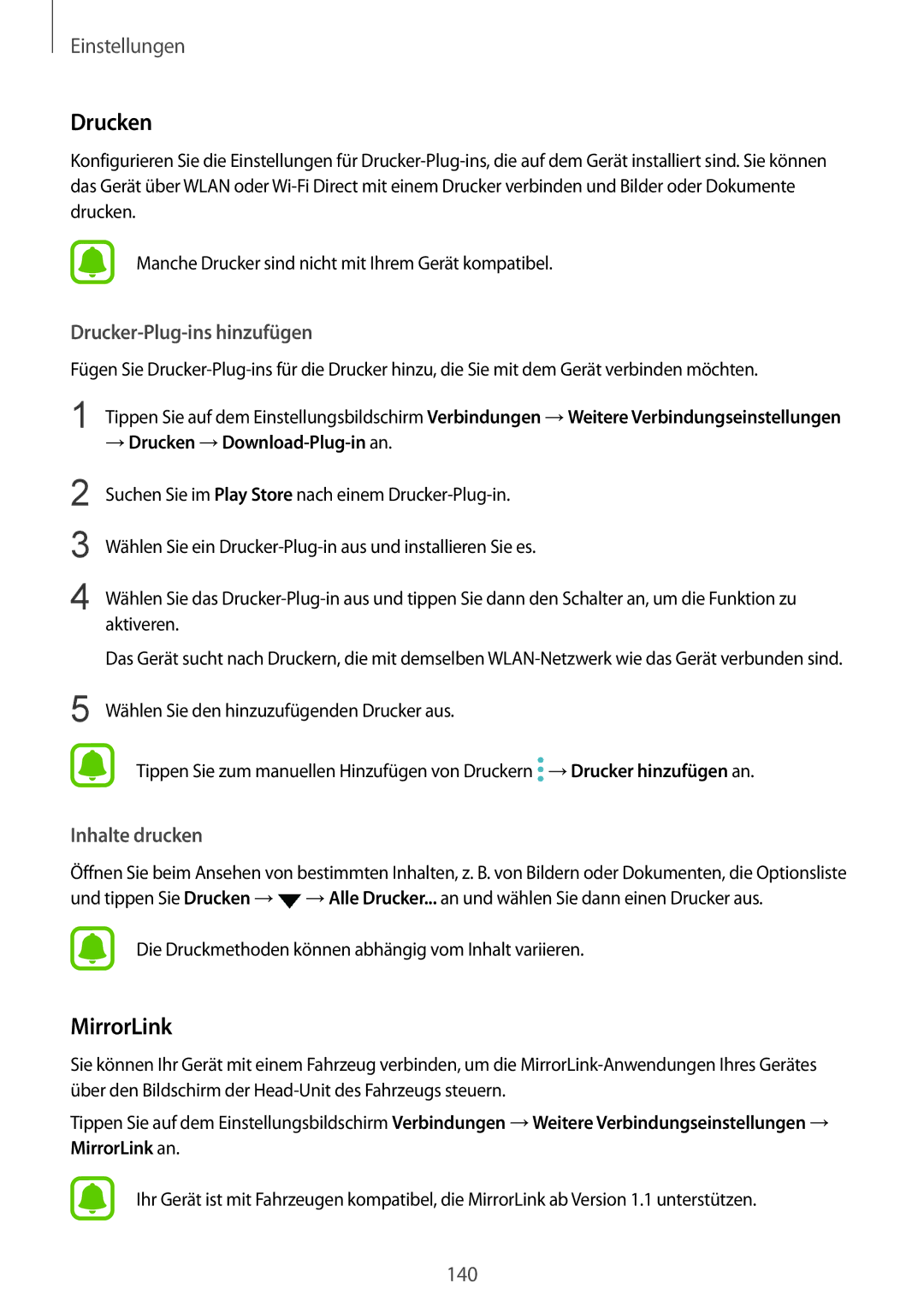 Samsung SM-G935FZSADBT manual MirrorLink, Drucker-Plug-ins hinzufügen, Inhalte drucken, → Drucken →Download-Plug-in an 