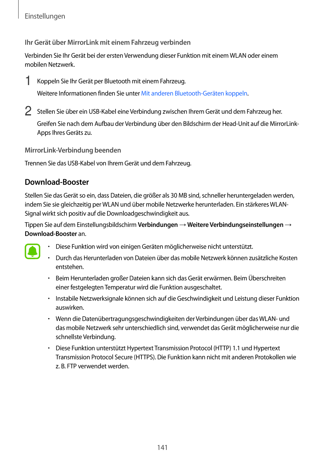 Samsung SM-G935FZKADBT, SM-G935FEDADBT manual Download-Booster, Ihr Gerät über MirrorLink mit einem Fahrzeug verbinden 