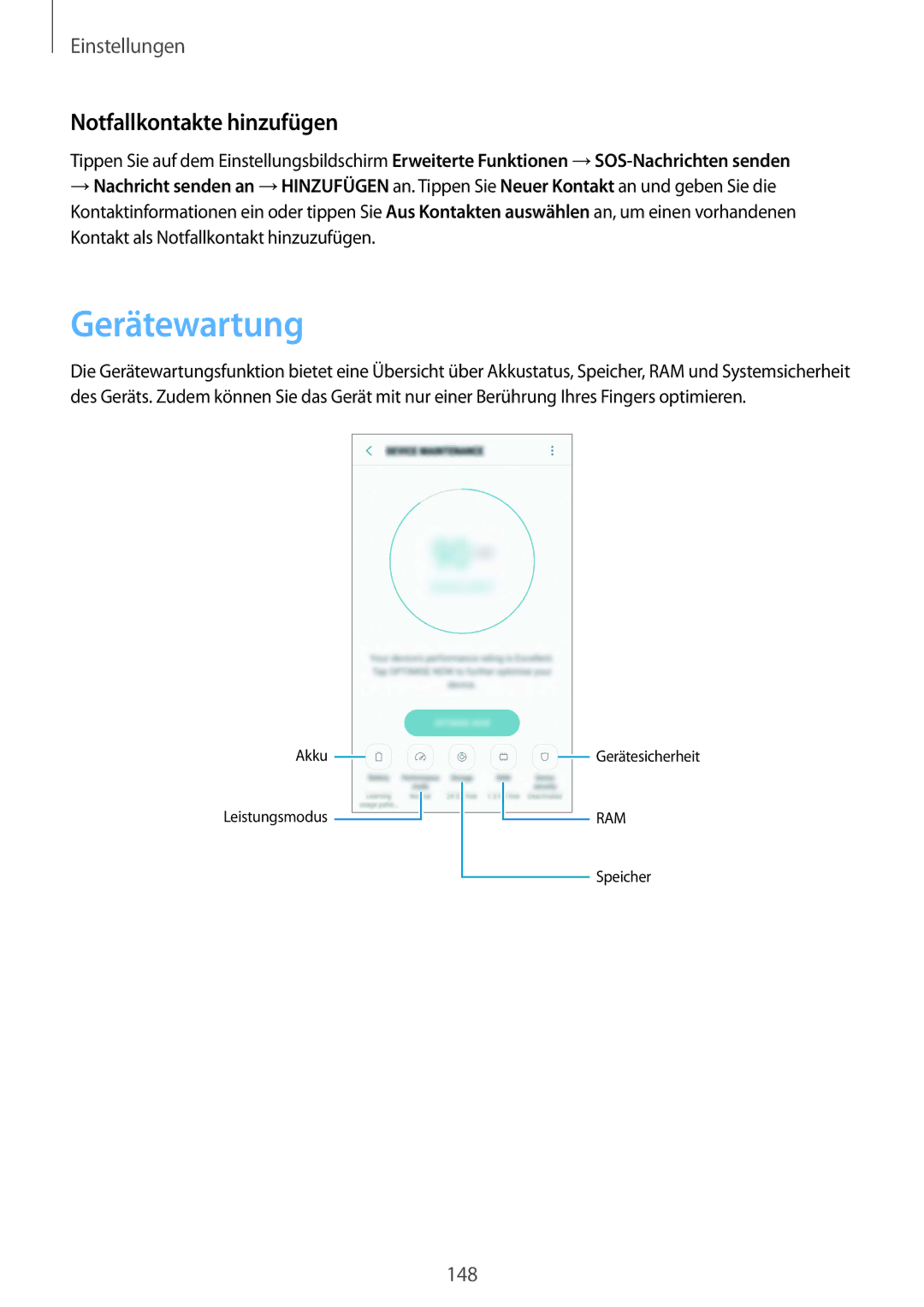 Samsung SM-G935FZWADBT, SM-G935FEDADBT, SM-G935FZKZDBT, SM-G935FZSADBT manual Gerätewartung, Notfallkontakte hinzufügen 