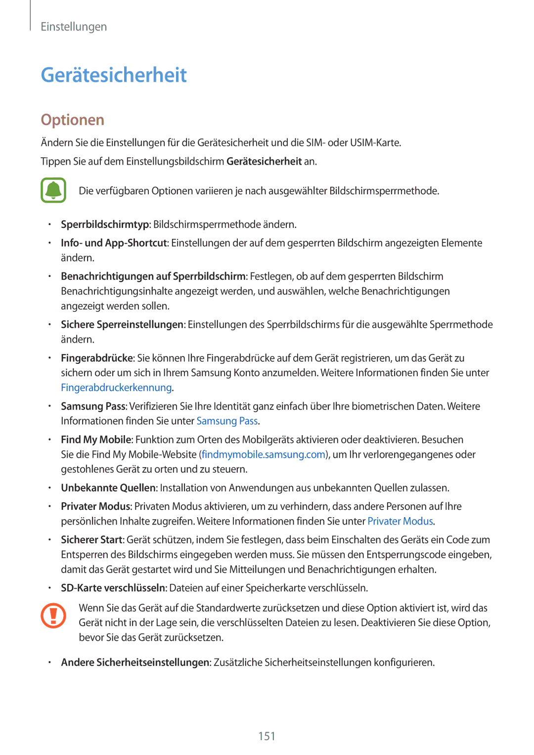 Samsung SM-G935FZKZDBT, SM-G935FEDADBT, SM-G935FZSADBT, SM-G935FZKADBT, SM-G935FZWADBT manual Gerätesicherheit, Optionen 