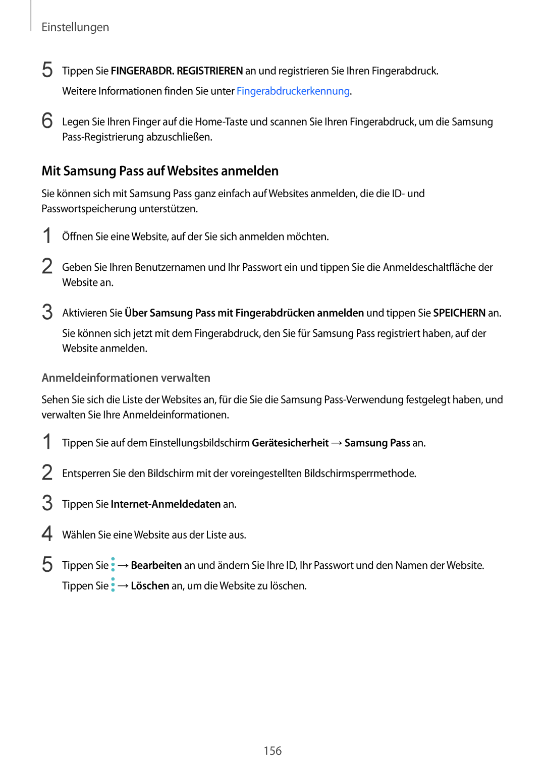 Samsung SM-G935FEDADBT, SM-G935FZKZDBT manual Mit Samsung Pass auf Websites anmelden, Anmeldeinformationen verwalten 