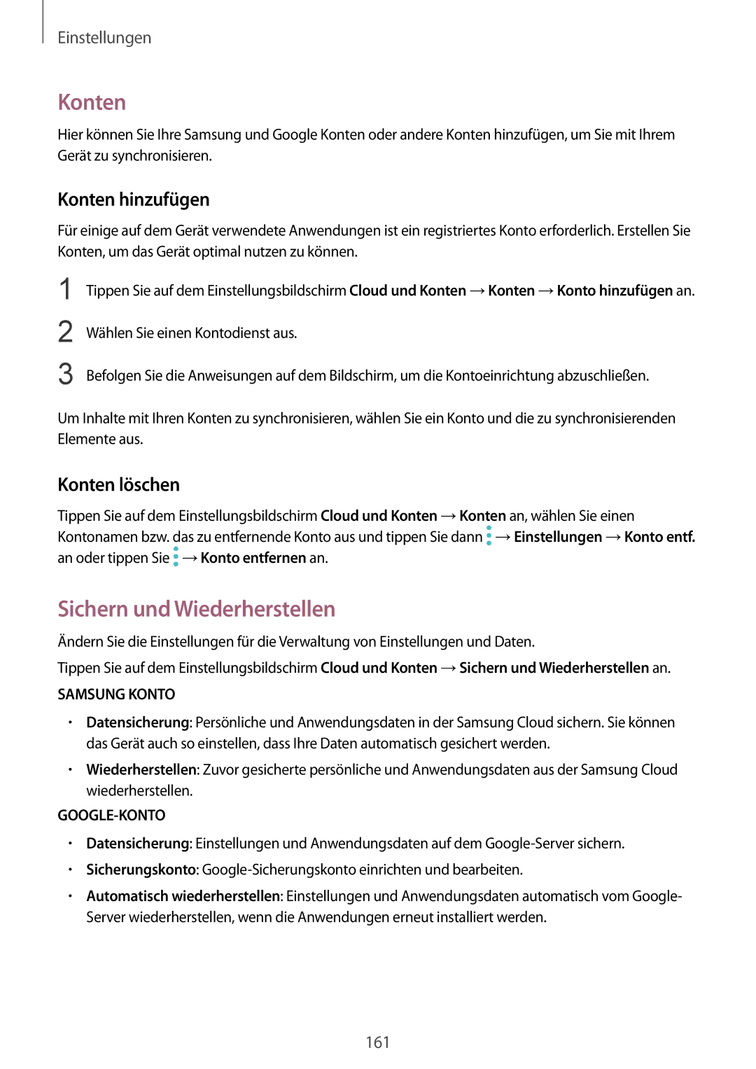 Samsung SM-G935FZDADBT, SM-G935FEDADBT, SM-G935FZKZDBT Sichern und Wiederherstellen, Konten hinzufügen, Konten löschen 