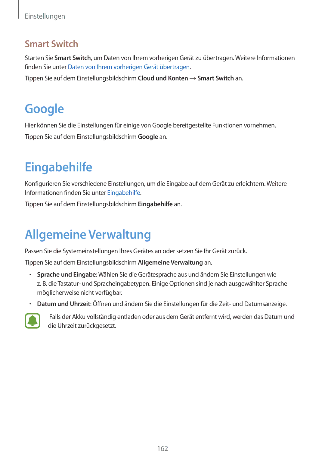 Samsung SM-G935FEDADBT, SM-G935FZKZDBT, SM-G935FZSADBT manual Google, Eingabehilfe, Allgemeine Verwaltung, Smart Switch 