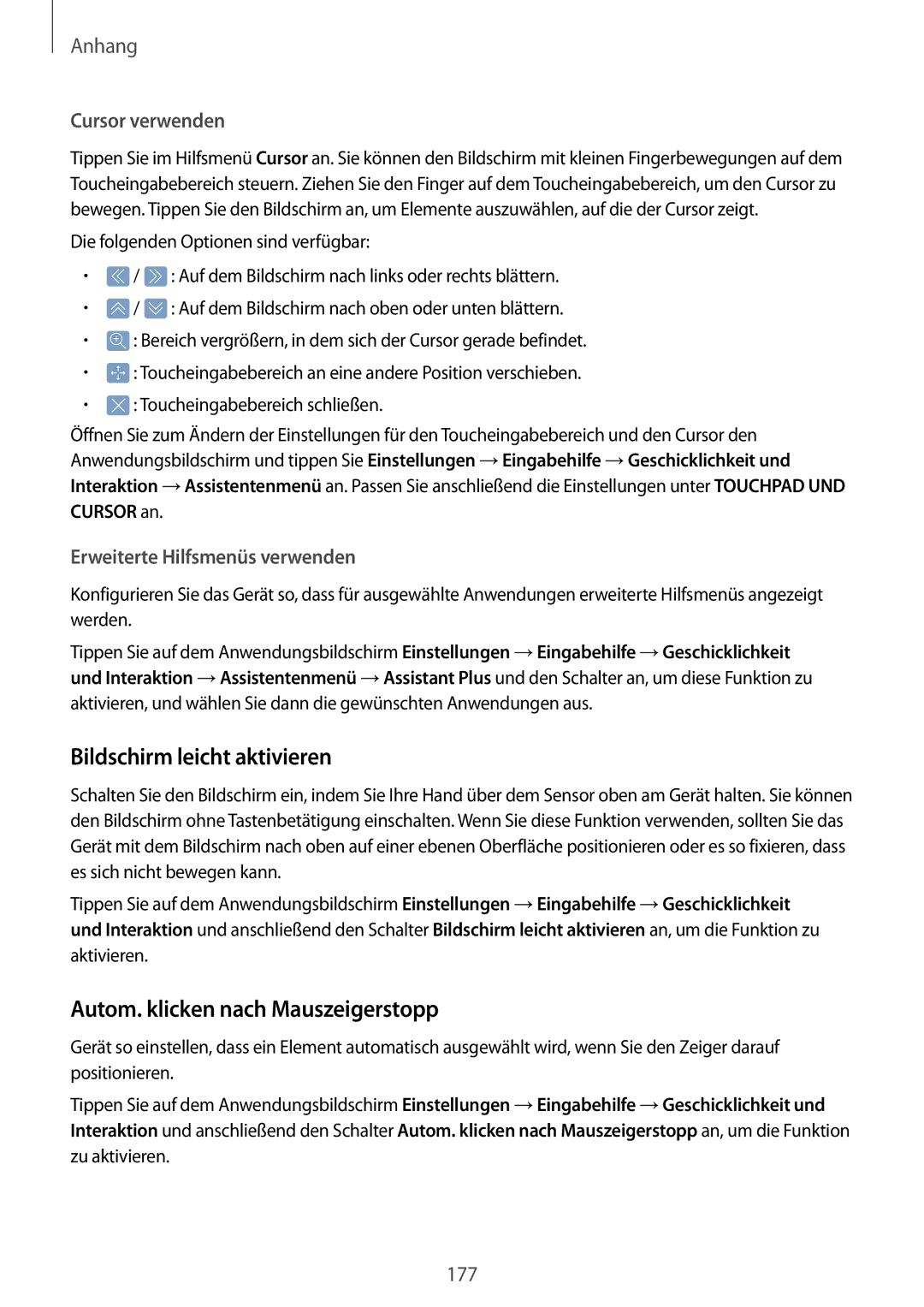 Samsung SM-G935FZKADBT, SM-G935FEDADBT Bildschirm leicht aktivieren, Autom. klicken nach Mauszeigerstopp, Cursor verwenden 