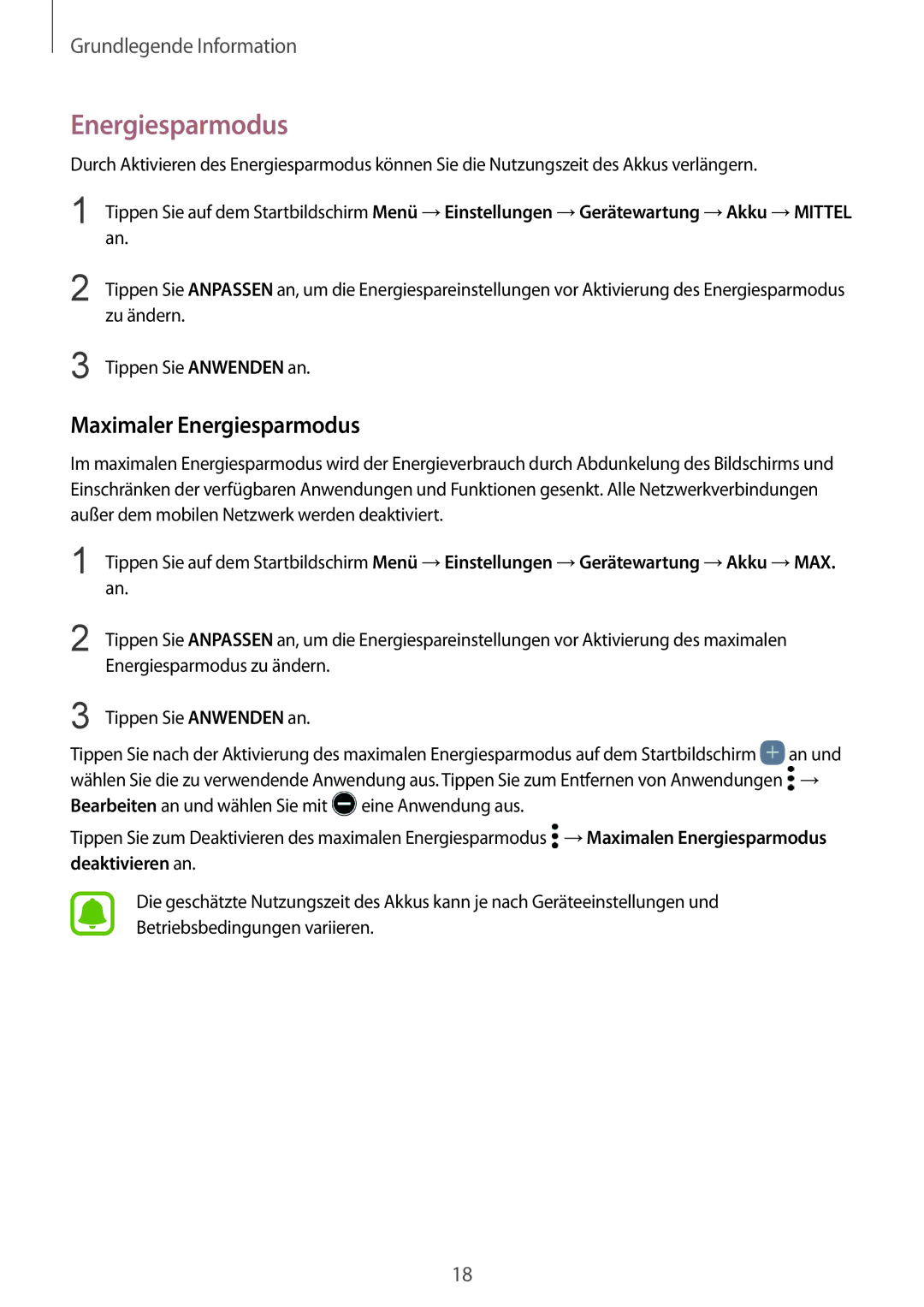 Samsung SM-G935FEDADBT, SM-G935FZKZDBT, SM-G935FZSADBT, SM-G935FZKADBT, SM-G935FZWADBT manual Maximaler Energiesparmodus 