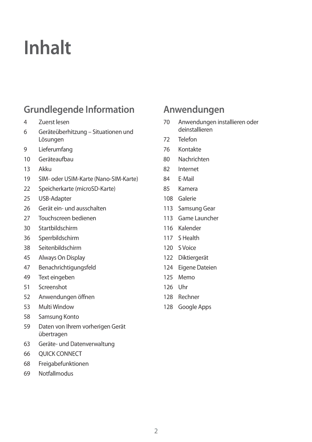 Samsung SM-G935FZSADBT, SM-G935FEDADBT, SM-G935FZKZDBT, SM-G935FZKADBT, SM-G935FZWADBT, SM-G935FZDADBT manual Inhalt 