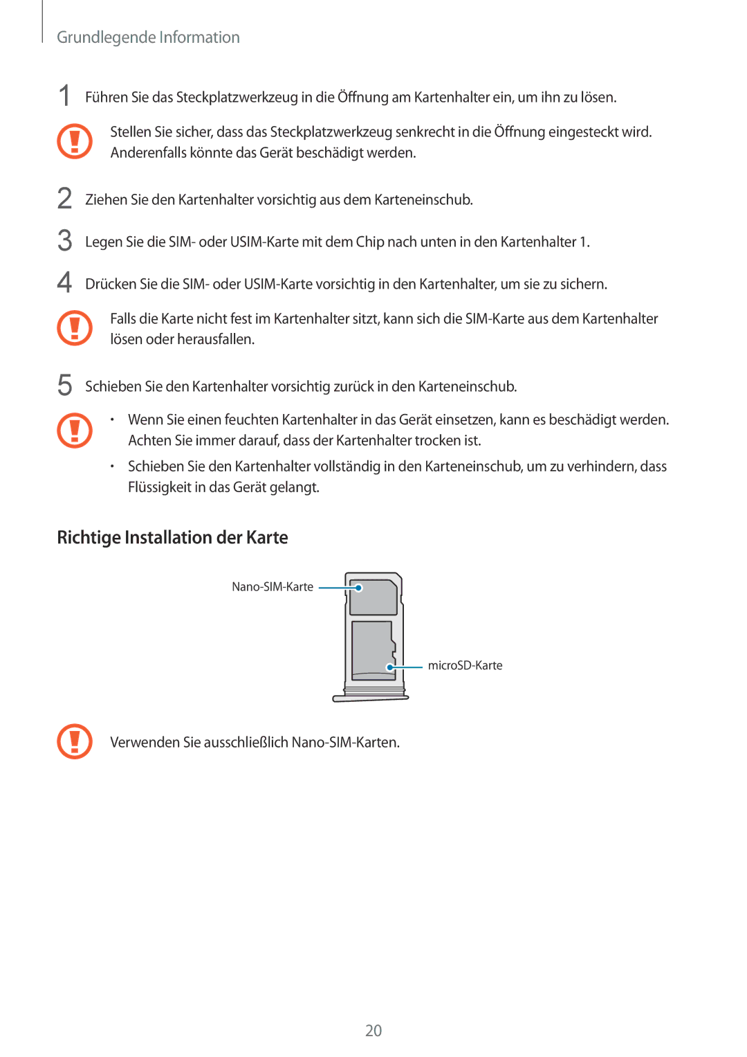 Samsung SM-G935FZSADBT, SM-G935FEDADBT, SM-G935FZKZDBT, SM-G935FZKADBT, SM-G935FZWADBT manual Richtige Installation der Karte 