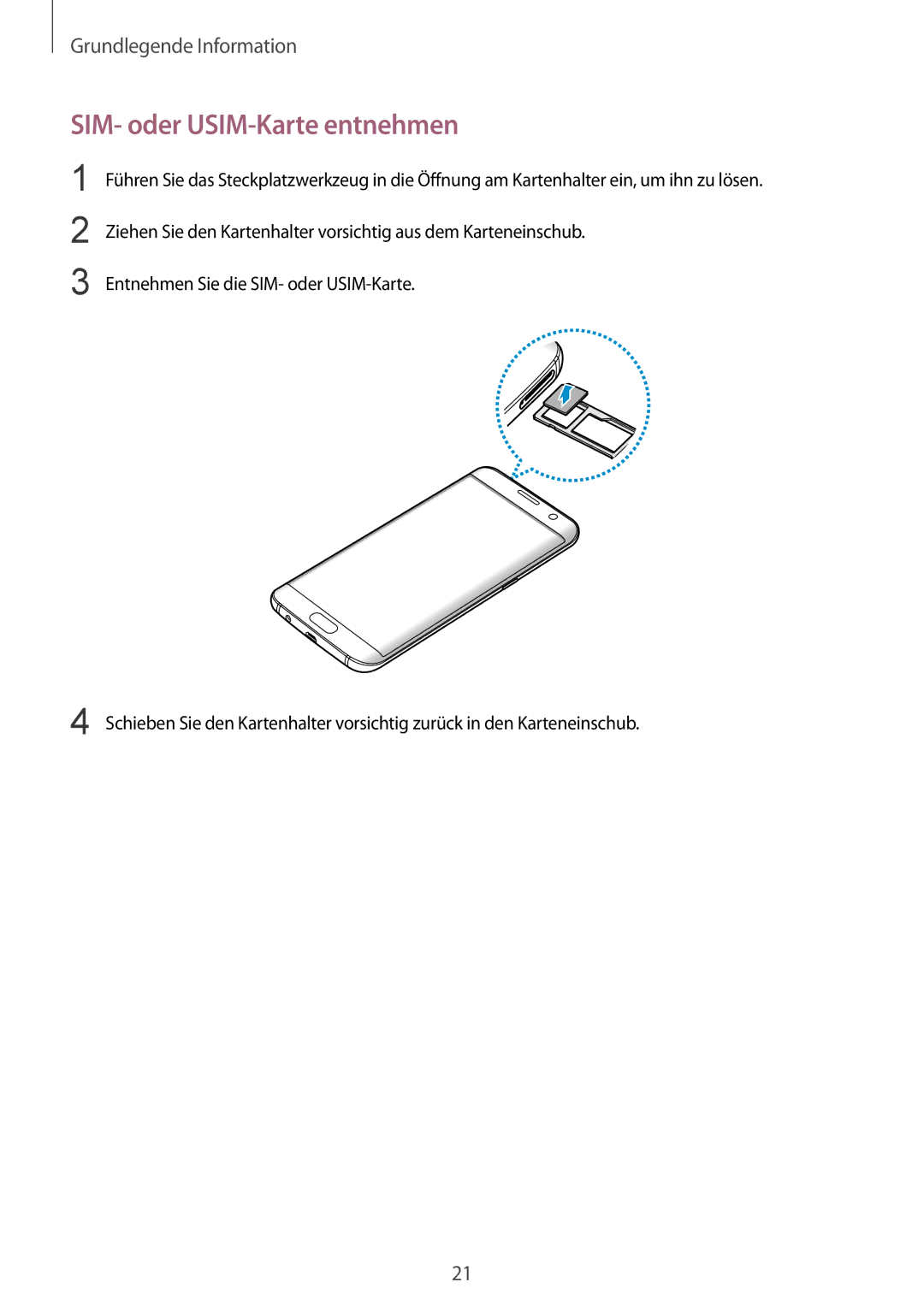 Samsung SM-G935FZKADBT, SM-G935FEDADBT, SM-G935FZKZDBT, SM-G935FZSADBT, SM-G935FZWADBT manual SIM- oder USIM-Karte entnehmen 