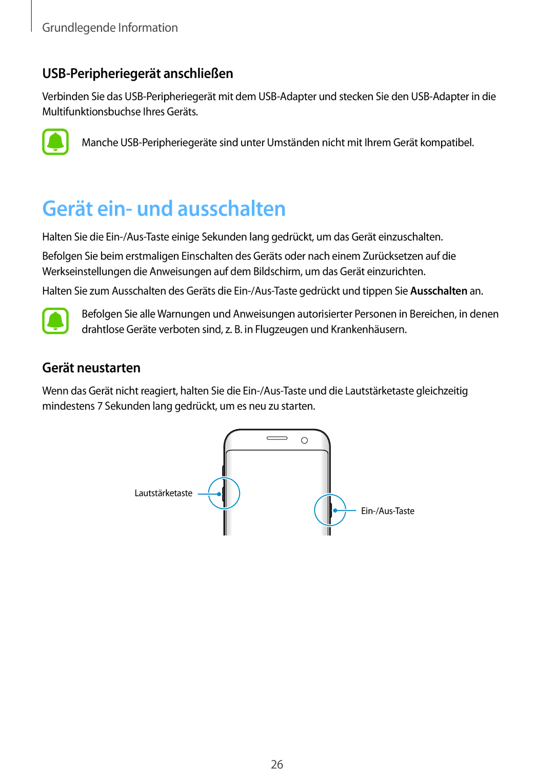 Samsung SM-G935FZSADBT, SM-G935FEDADBT manual Gerät ein- und ausschalten, USB-Peripheriegerät anschließen, Gerät neustarten 