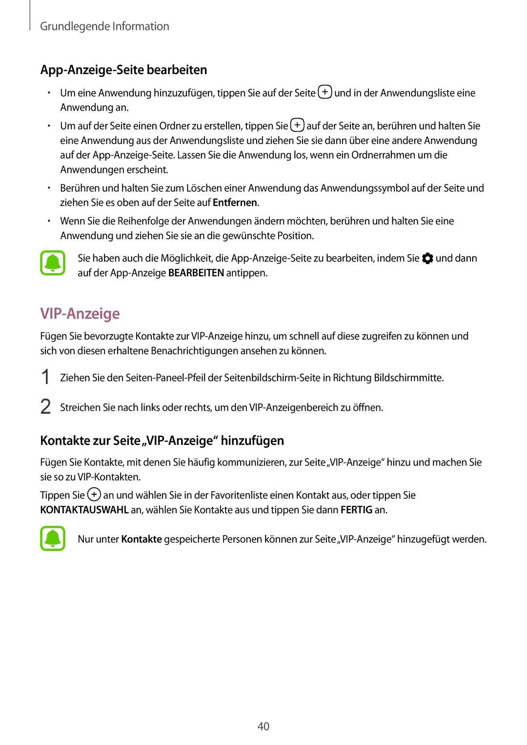 Samsung SM-G935FZWADBT, SM-G935FEDADBT manual App-Anzeige-Seite bearbeiten, Kontakte zur Seite„VIP-Anzeige hinzufügen 