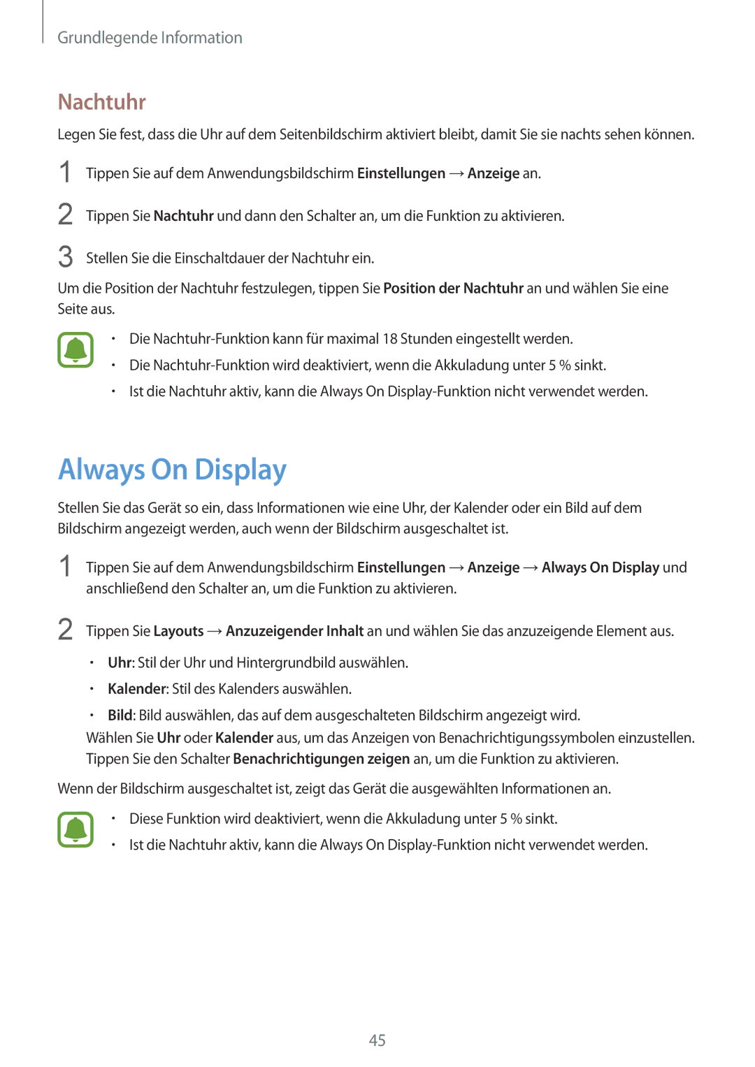 Samsung SM-G935FZKADBT, SM-G935FEDADBT, SM-G935FZKZDBT, SM-G935FZSADBT, SM-G935FZWADBT manual Always On Display, Nachtuhr 