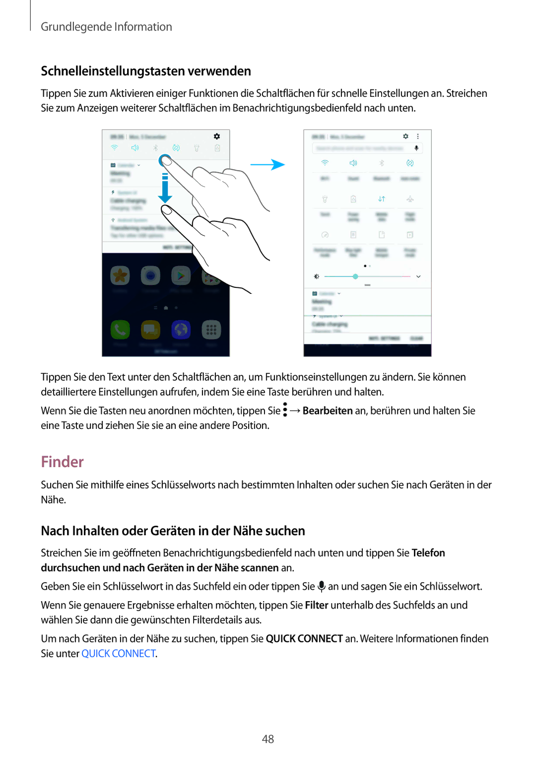 Samsung SM-G935FEDADBT manual Finder, Schnelleinstellungstasten verwenden, Nach Inhalten oder Geräten in der Nähe suchen 