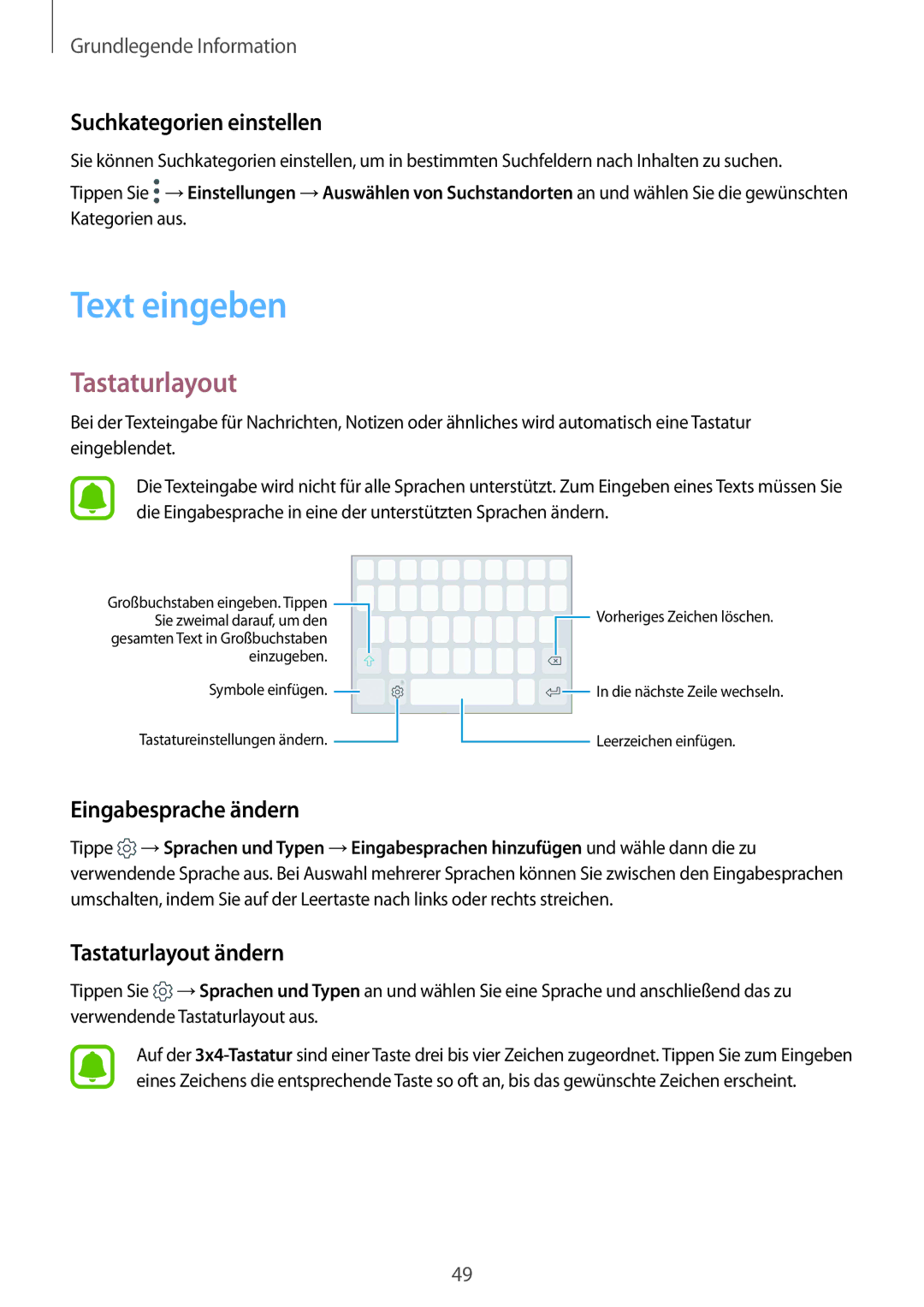 Samsung SM-G935FZKZDBT, SM-G935FEDADBT Text eingeben, Tastaturlayout, Suchkategorien einstellen, Eingabesprache ändern 